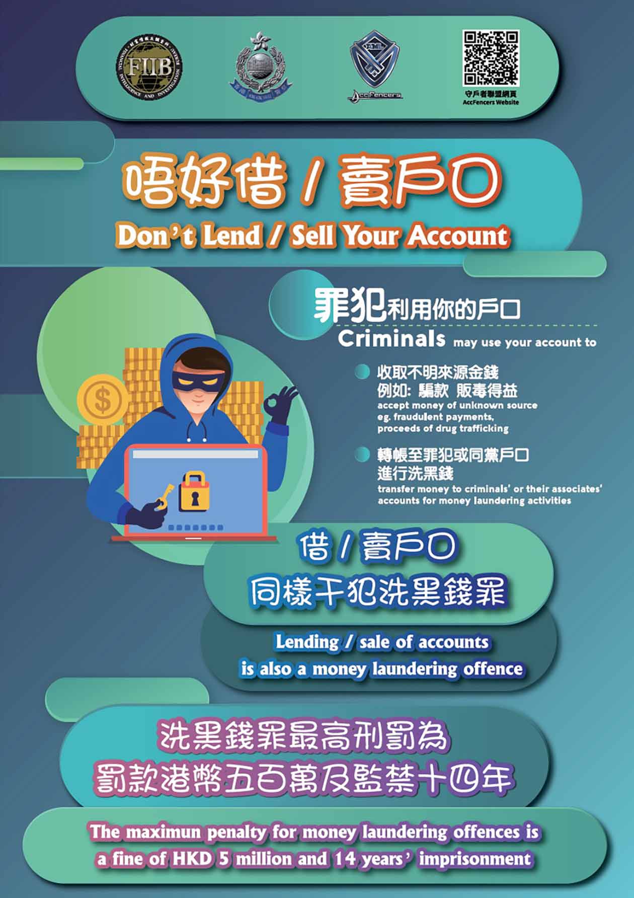The Hong Kong Police Force Financial Intelligence and Investigation Bureau’s anti-money laundering and counter-financing of terrorism campaign "Project AccFencers - AML Month" poster: Don't lend / sell your account